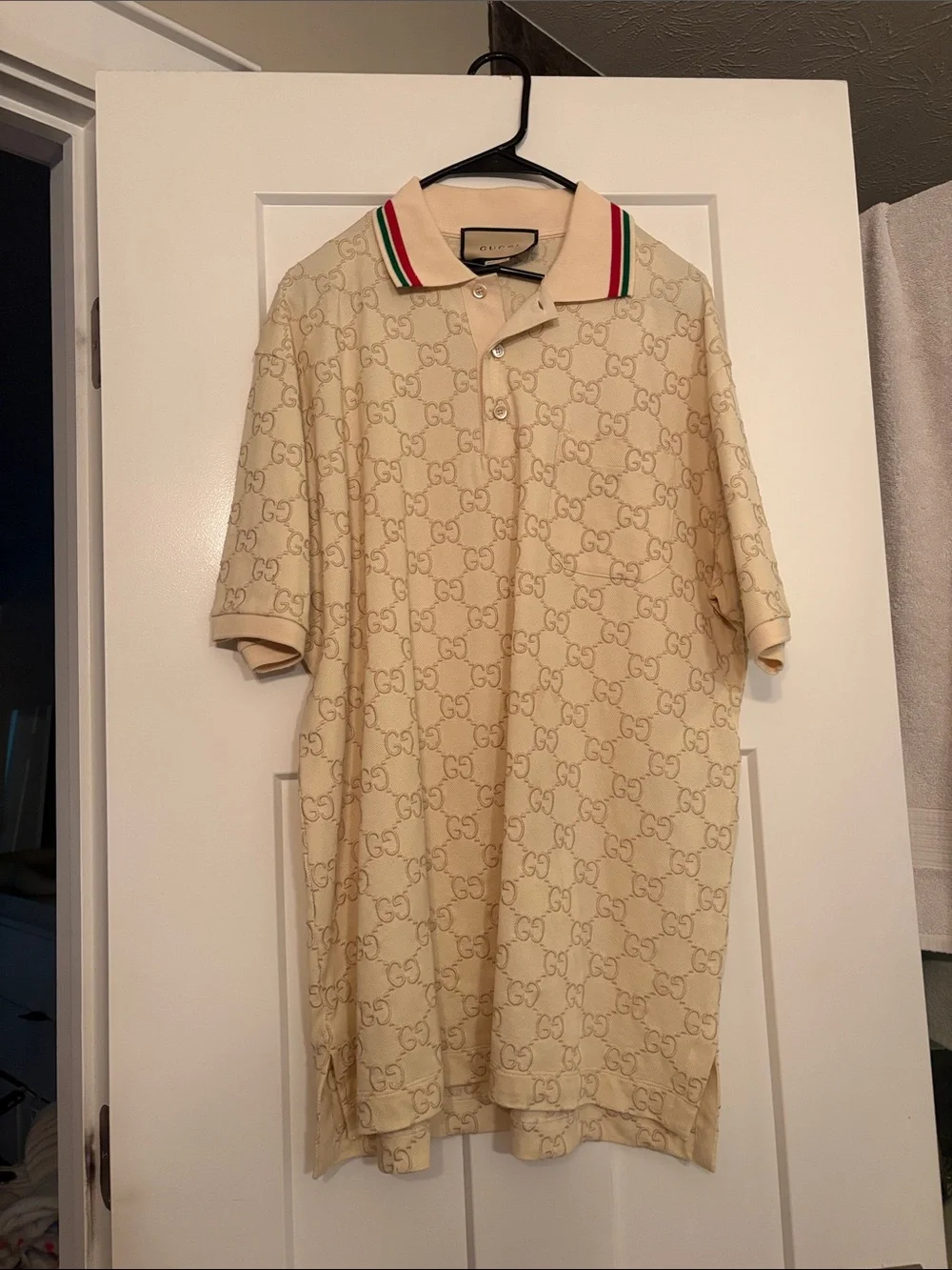 AUTHENTIC Gucci Beige GG Embossed Monogram Polo Shirt Button Up XL